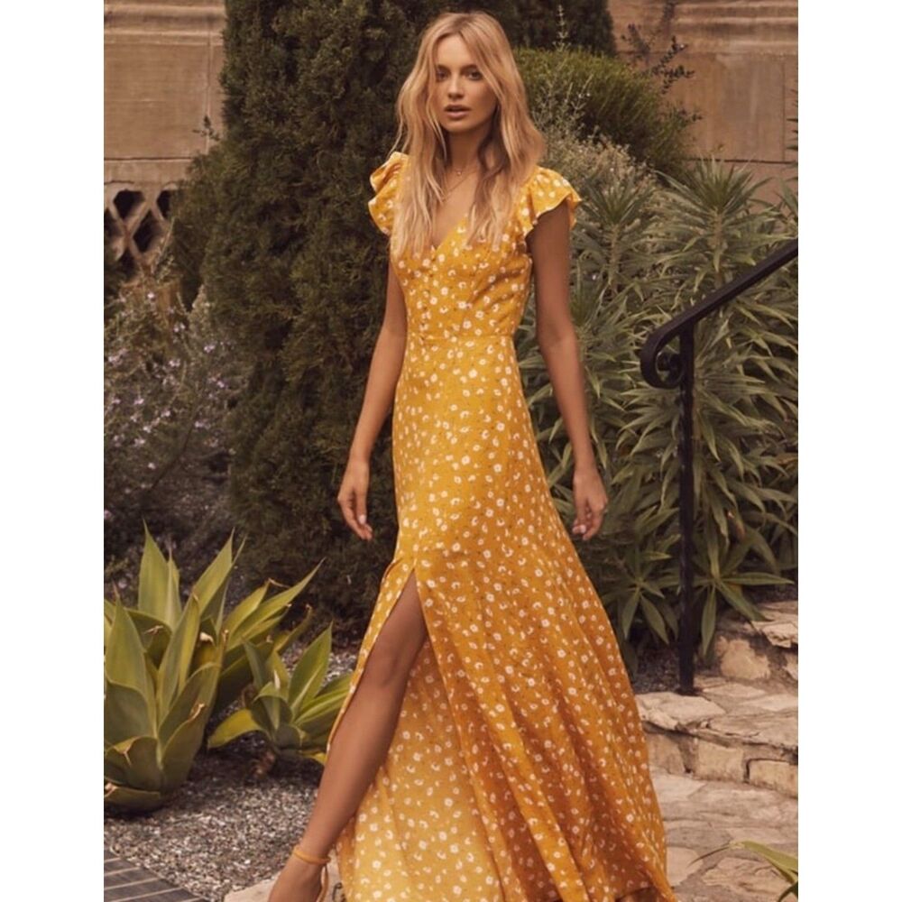 LULUS Fresh Picked Mustard Yellow Floral Print Maxi Dress, Sz S
